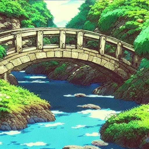 02345-2616824375-4k, high, detailed, painting, anime, hayao miyazaki, studio ghibli, stone bridge over the stream.webp